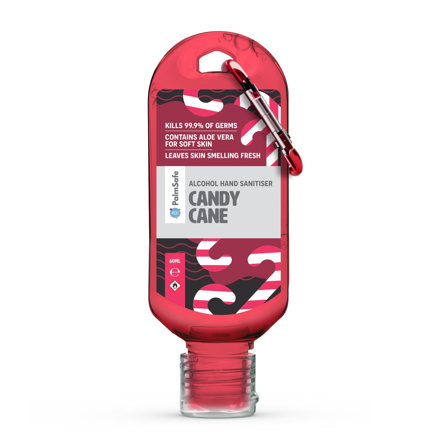 Palm Safe Candy Cane Scented Hand Sanitiser 60ml Clip Bottle