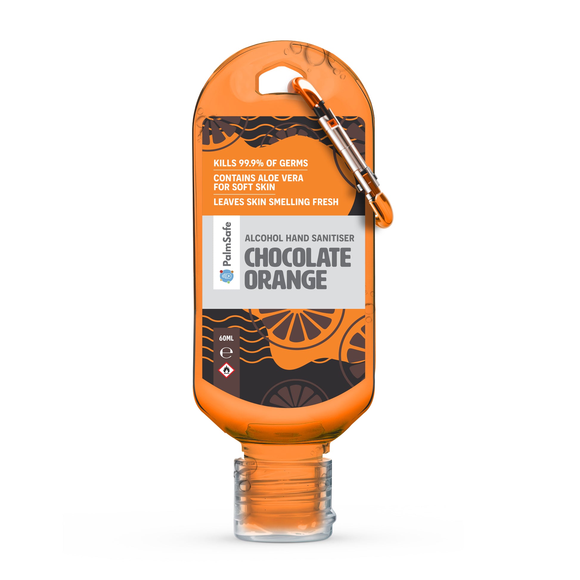 Palm Safe Chocolate Orange Scented Hand Sanitiser 60ml Clip Bottle