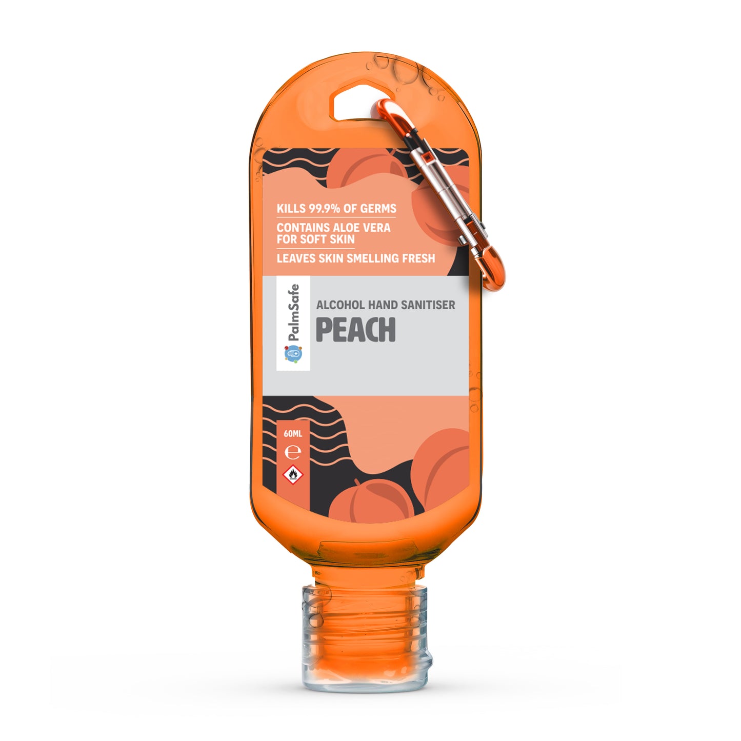 Palm Safe Peach Scented Hand Sanitiser 60ml Clip Bottle