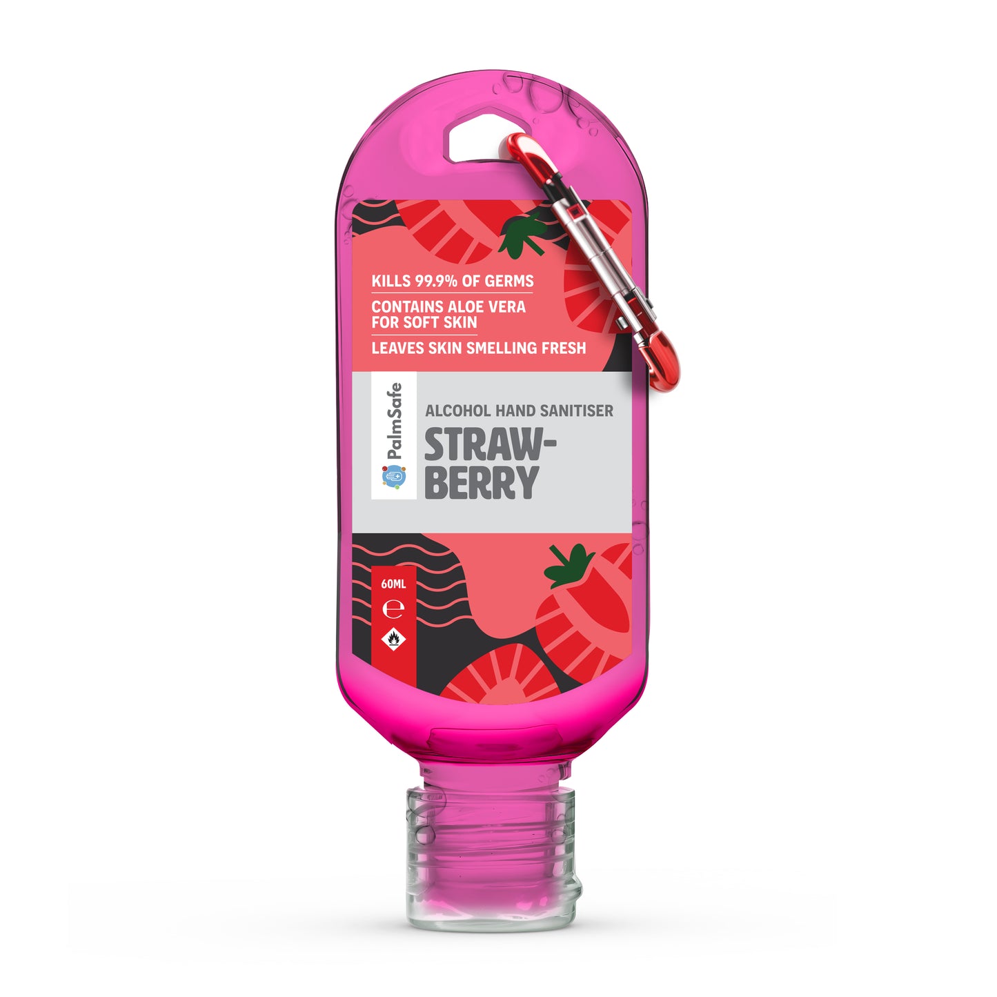 Palm Safe Strawberry Scented Hand Sanitiser 60ml Clip Bottle